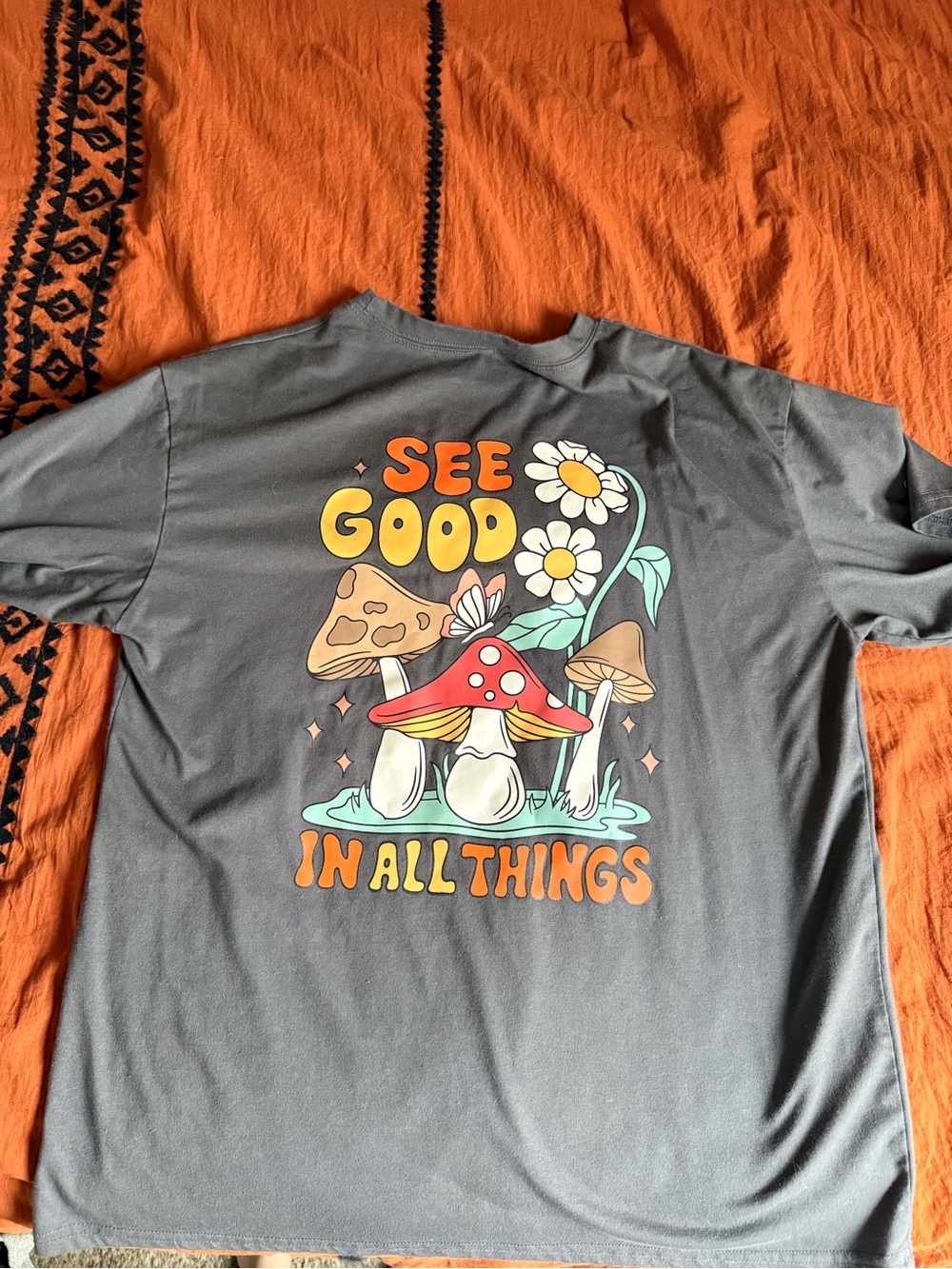 Oversized Graphic Tee - Gray with Multicolor Mushroom Print